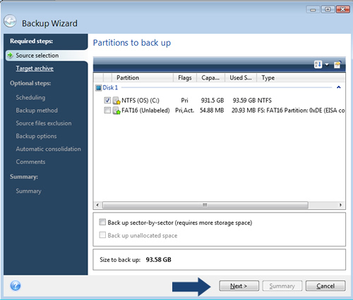 Choose partitions to backup