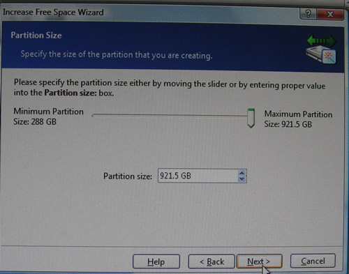 Select size of new partition