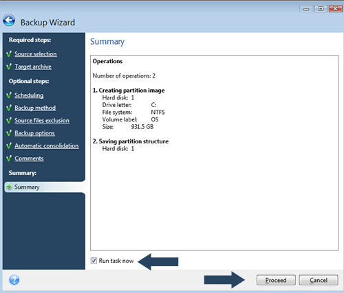 Confirm Acronis Backup Creation